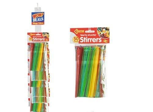 50pk Asst Col Stirrers In Pvc  Coated H/card + Opp Bag Clipst
