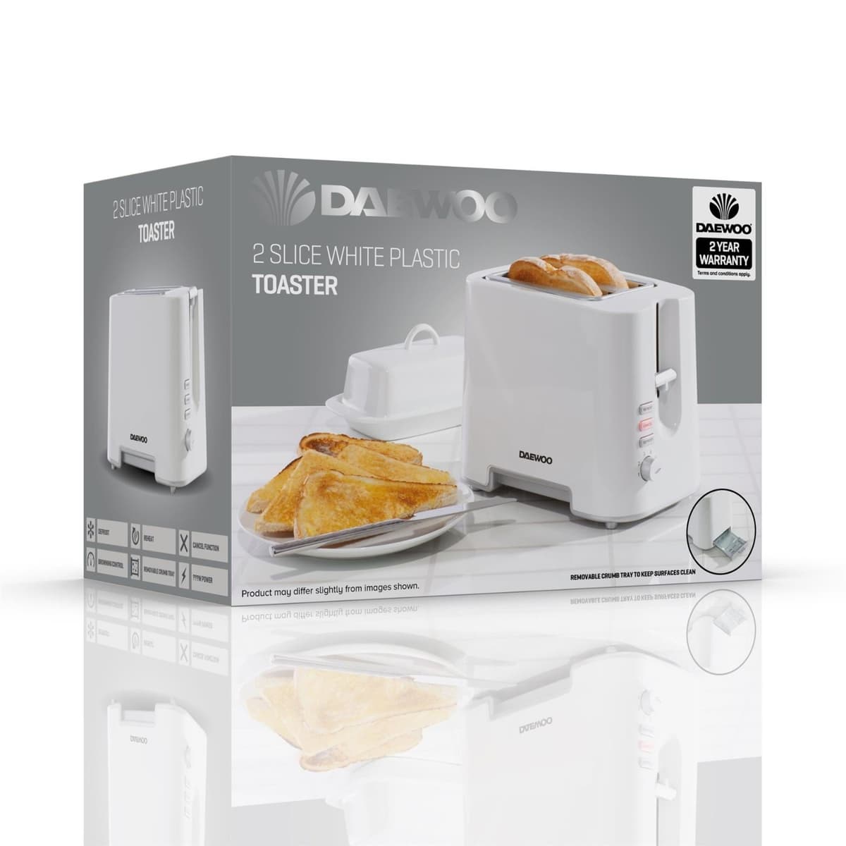 2 SLICE WHITE PLASTIC TOASTER WITH CHROME BAND