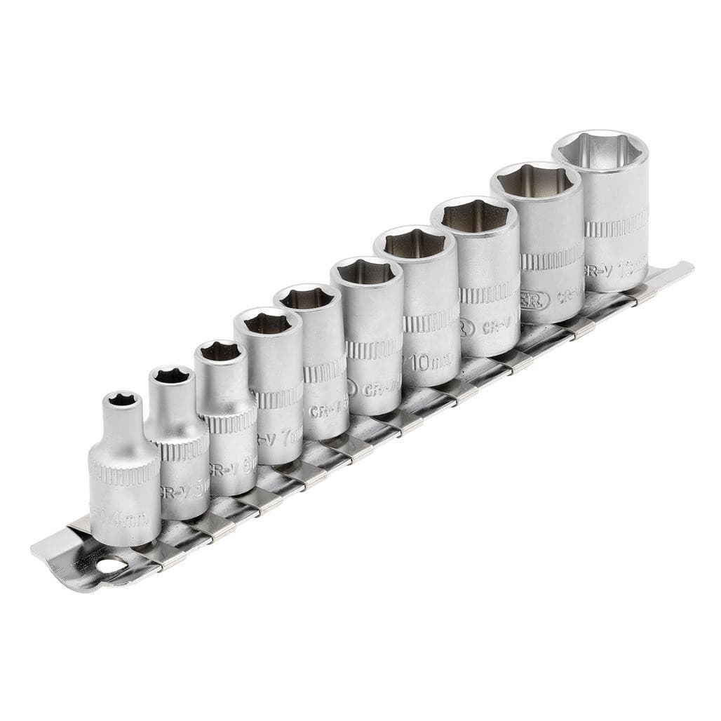 Draper metric socket on metal rail 1/4" sq.dr. 10pc