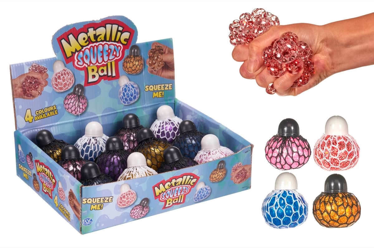 whl 65MM Metallic Squeezy Balls W/Cap 4 Asst