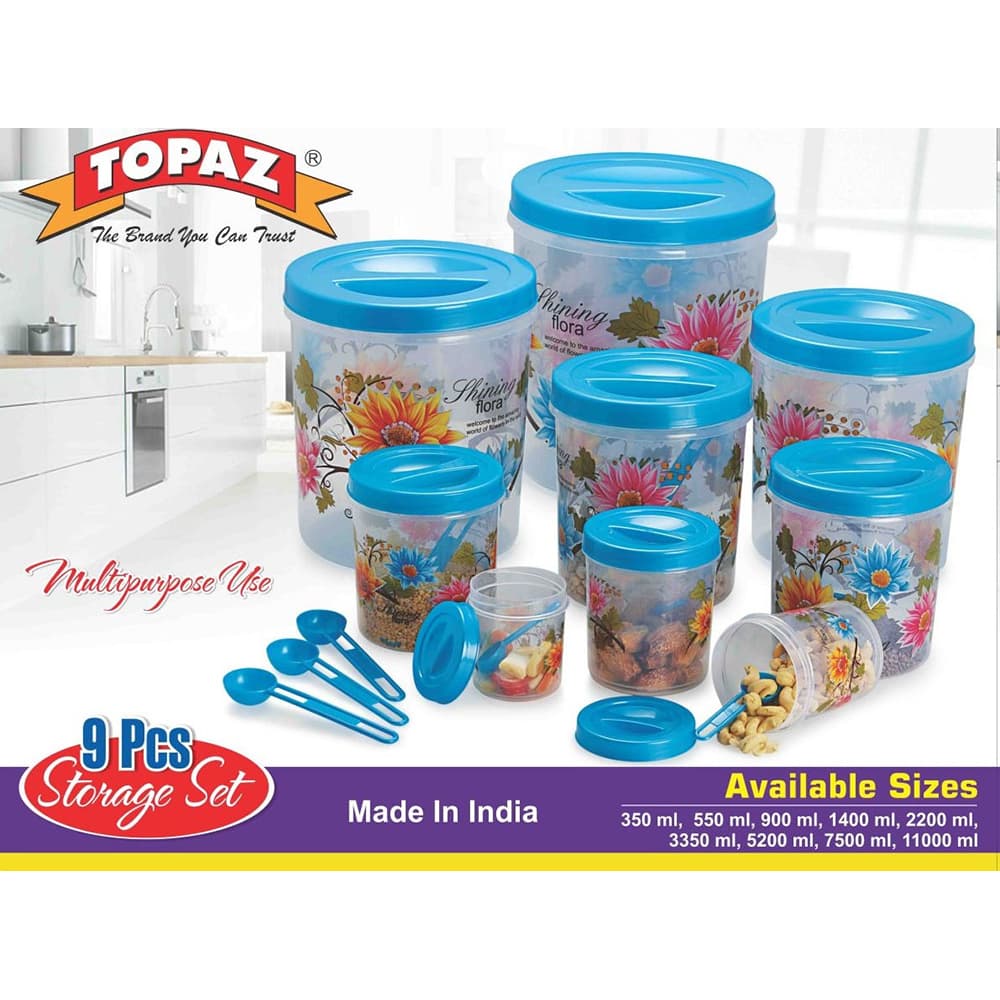 Nine PC Cannister Set Tall Printed 350ml to 11 Ltr