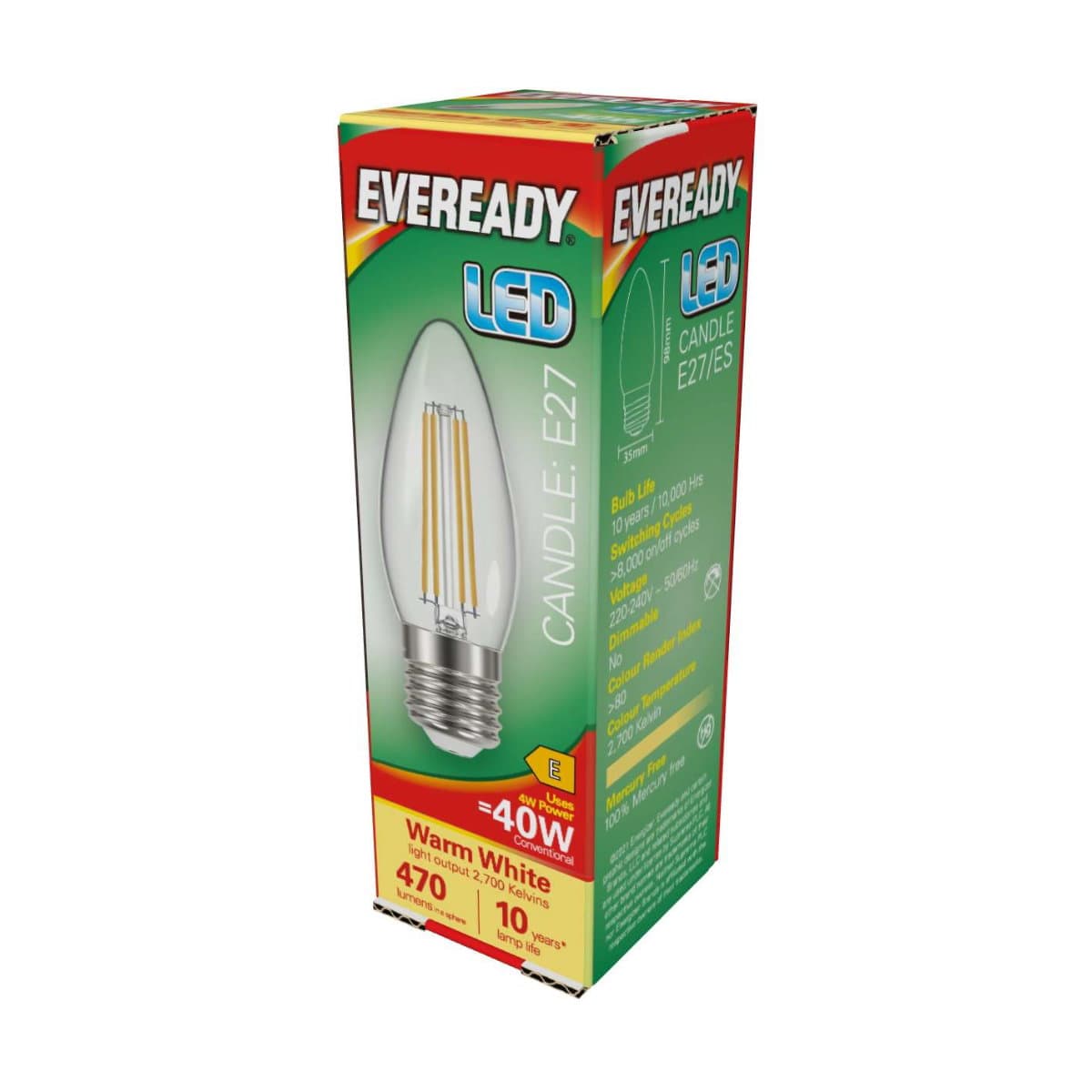 Eveready LED Filament Candle E27 (ES) 470lm 4W 2700k (Warm White)