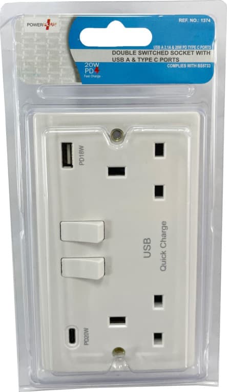 Powerplus Double switch Socket USB A and Type c 20w