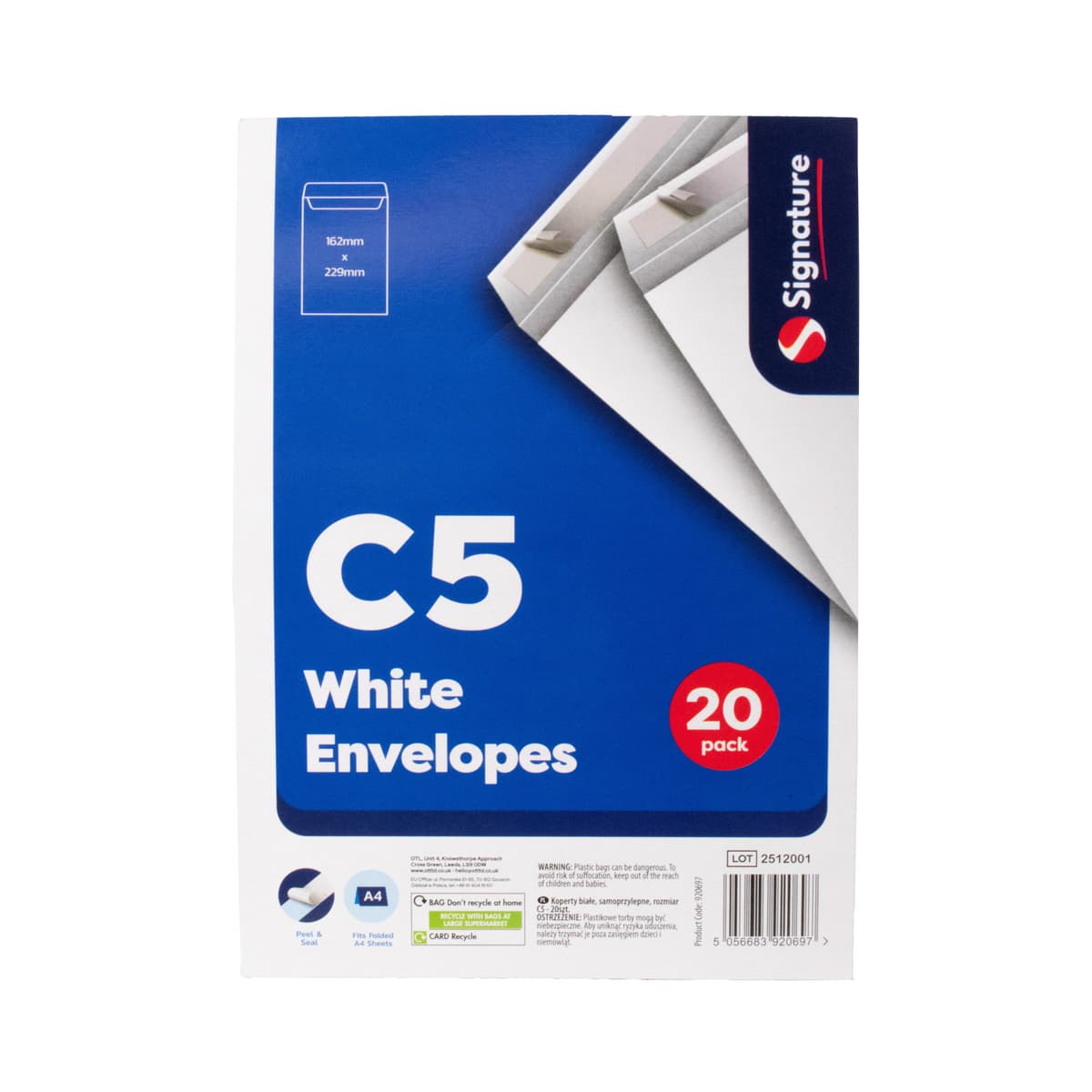 OTL White peel and Seal C5 envelope 20pk