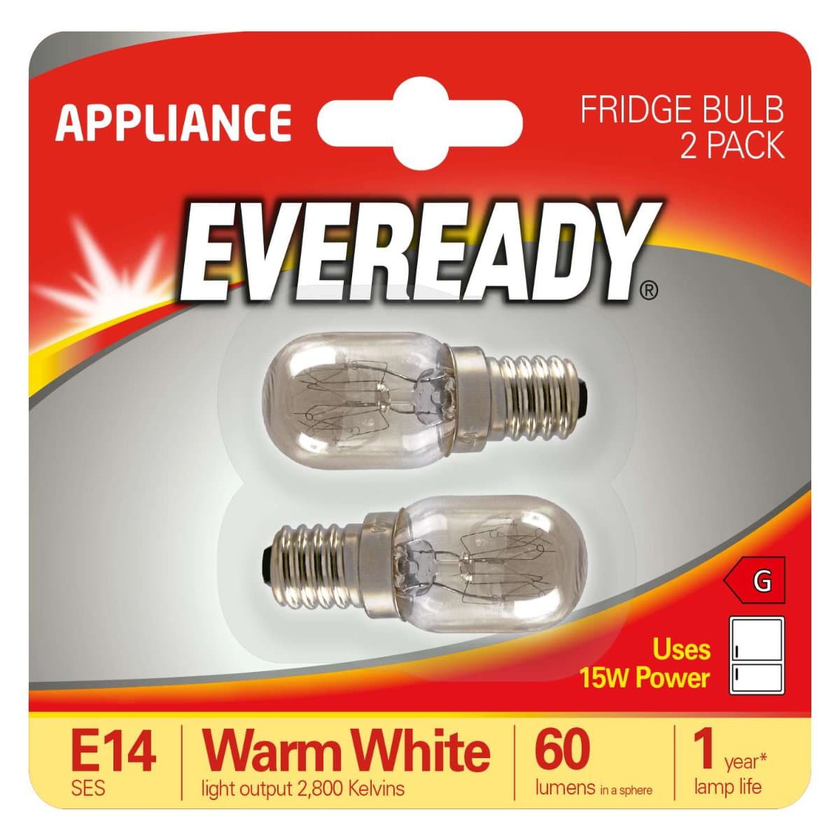 Eveready Fridge Lamp E14 (SES) 60lm 15W 3,000K (Warm White) Blister of 2