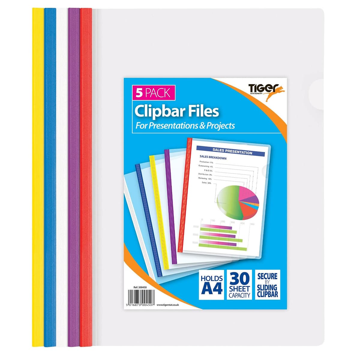Tiger  A4 Clip Bar File Pk5 Asst Cols.