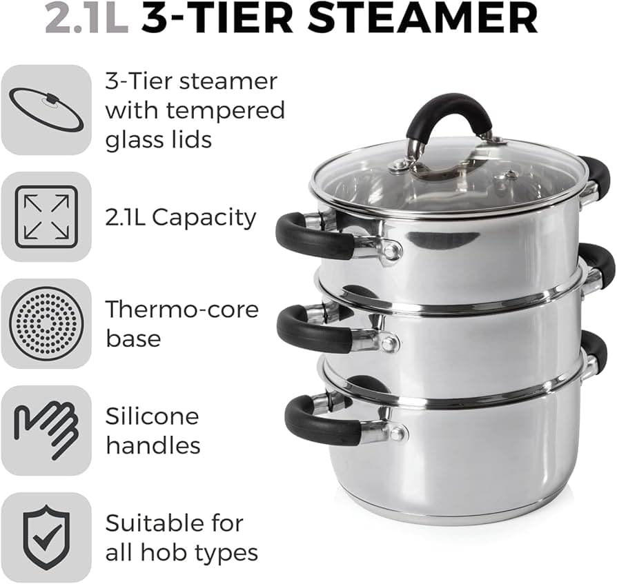 Prime Steamer Set 3 Tier With Glass Lid With Capsulated Bottom