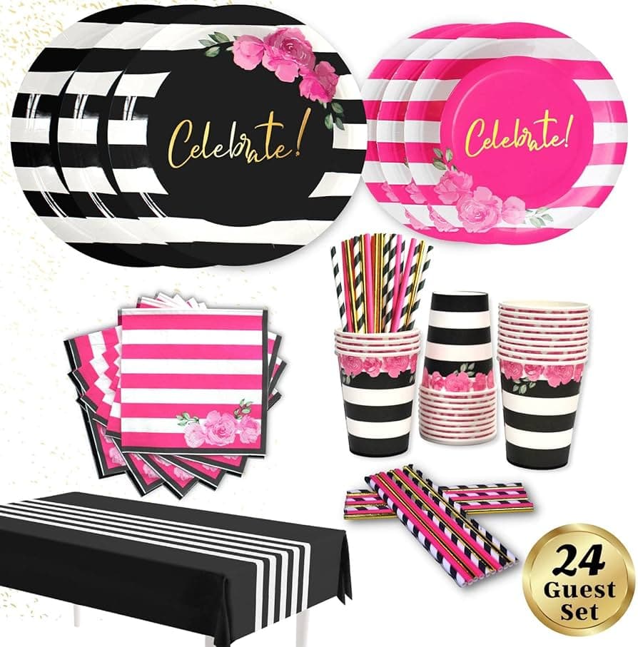 Unique Party 20 Hot Pink Black 7" Plates