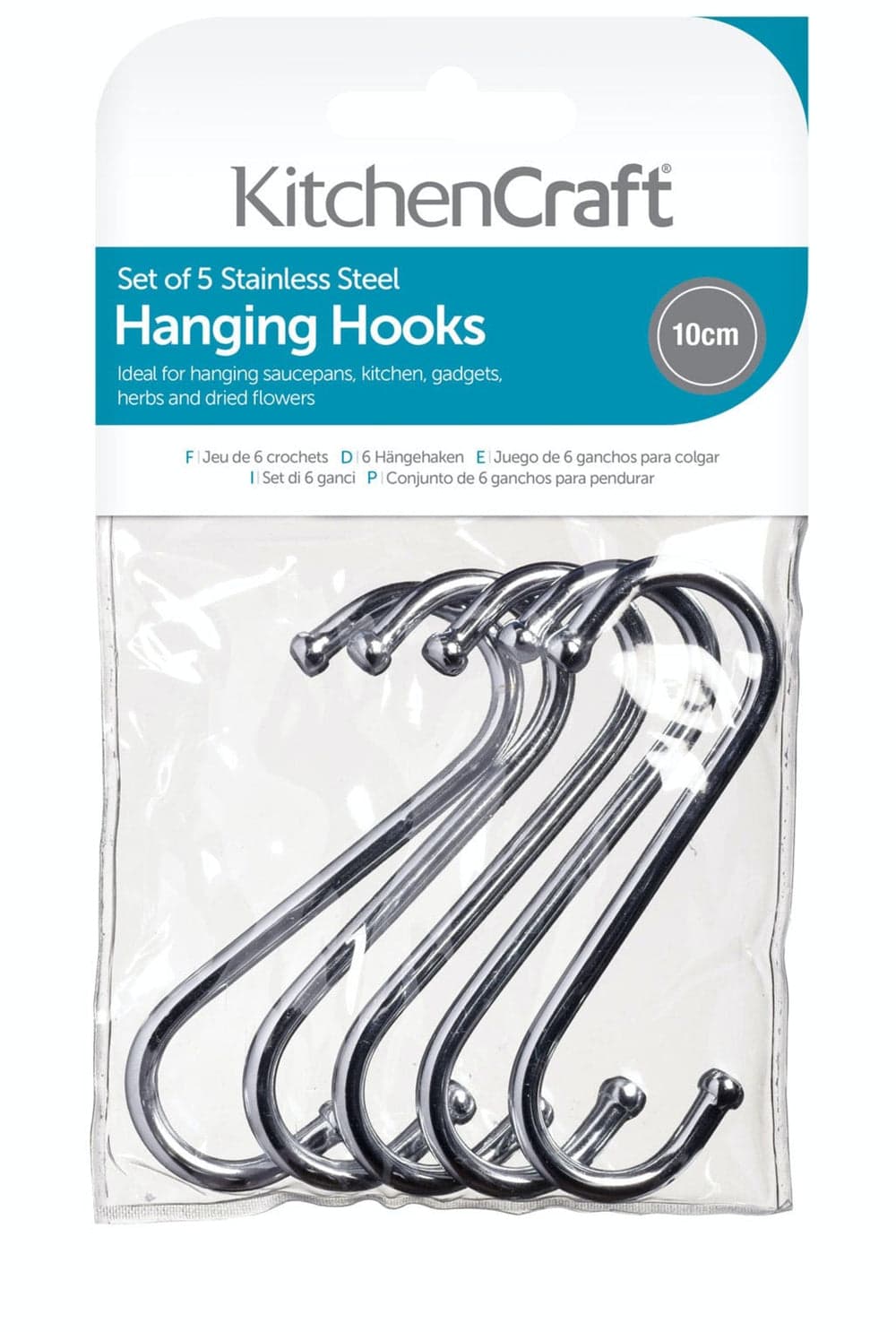 Kitchencraft S-Hooks 5pc 10cm - Chrome Plated Steel
