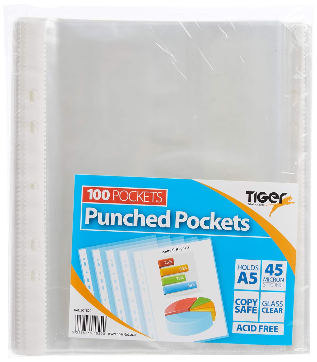 Tiger  A5 Pk100 Punched Pockets Clear