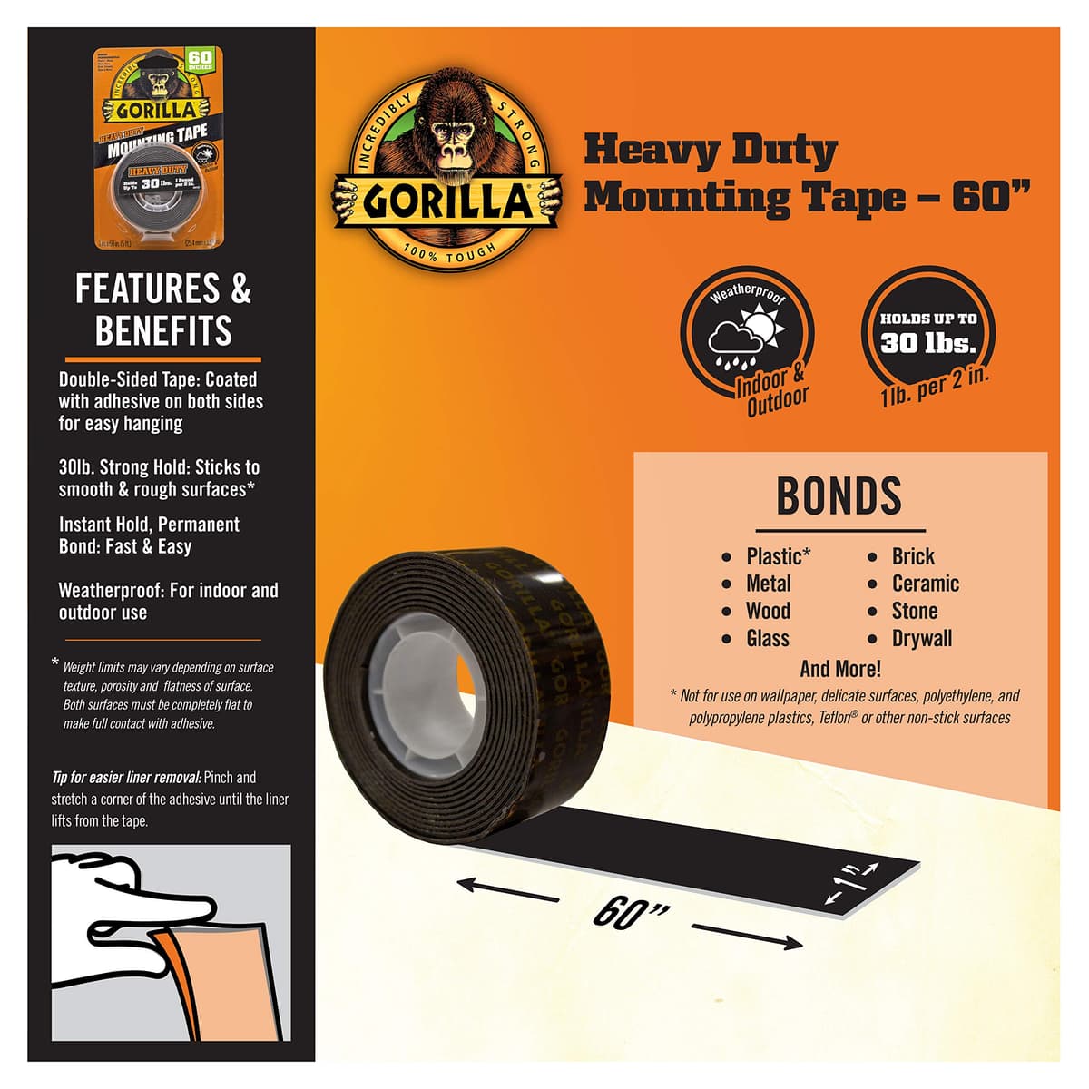 Gorilla 1.5 m Heavy Duty Double Sided Mounting Tape - Black