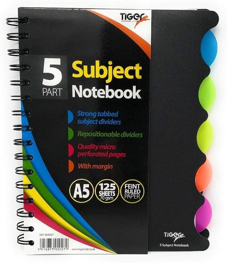 Tiger 5 Part Subject Notebook: 125 Sheets