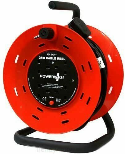 Powerplus 25m 4 Socket Way 13 Amp 240v Heavy Duty Cable Mains Extension Lead Handbag Reel image