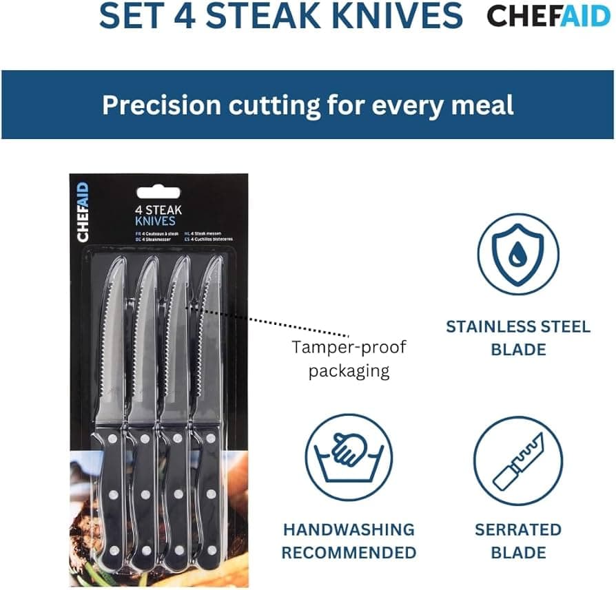 Chef Aid 4.5 Inch Set of 4 Contemporary Steak Knives with Soft Grip Handle