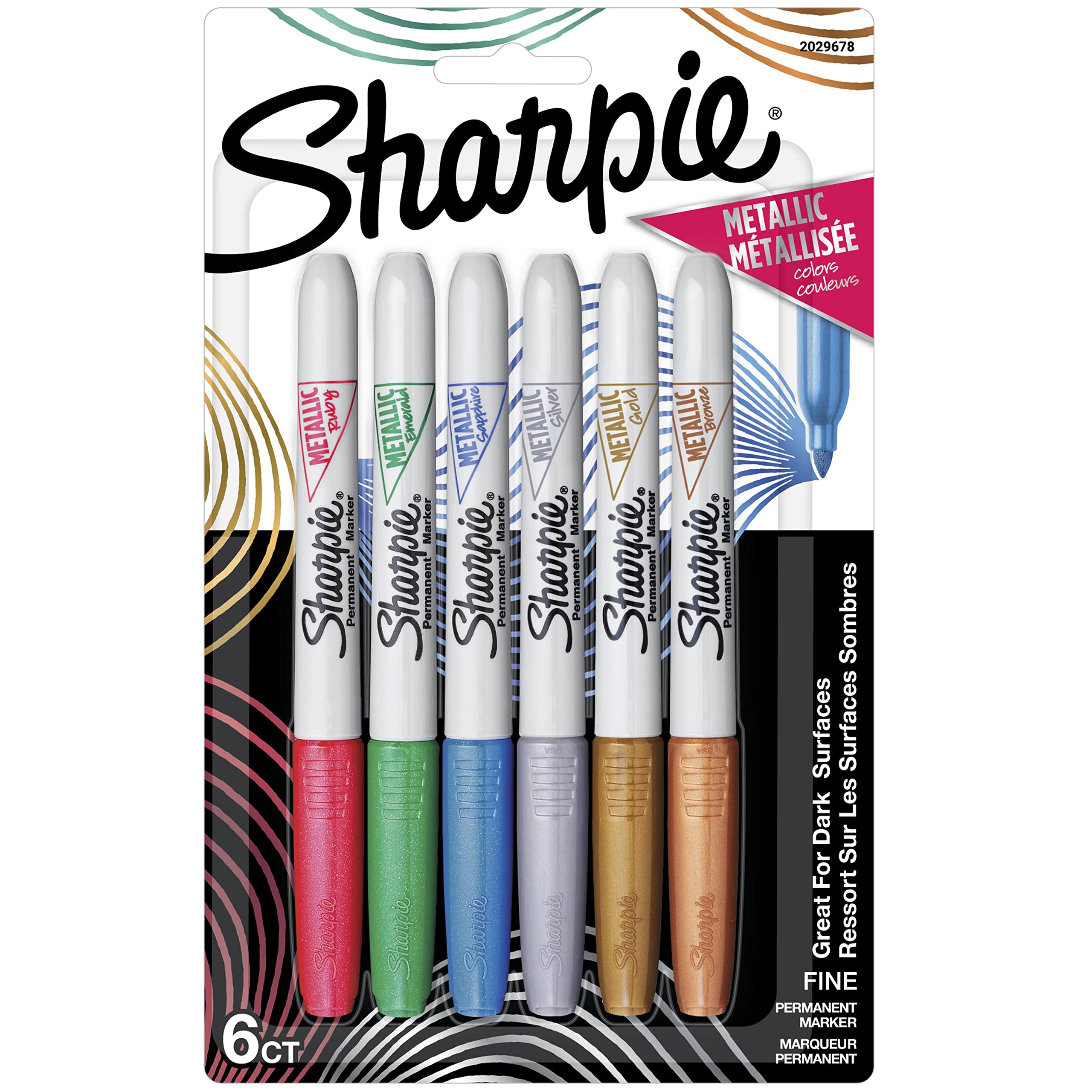 Sharpie Permanent Markers, Fine Tip - Assorted Metallic Colours - Pack of 6 image