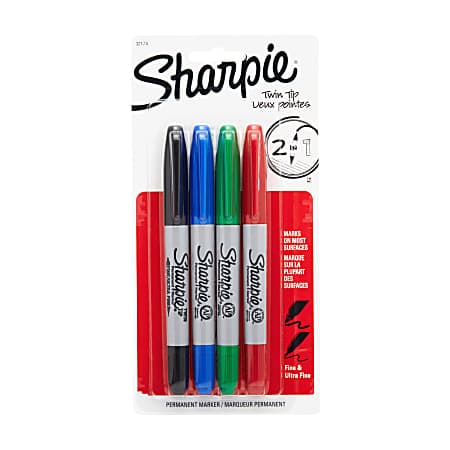 Sharpie Permanent Markers, Twin Tip - Assorted Standard Colours - Pack of 4