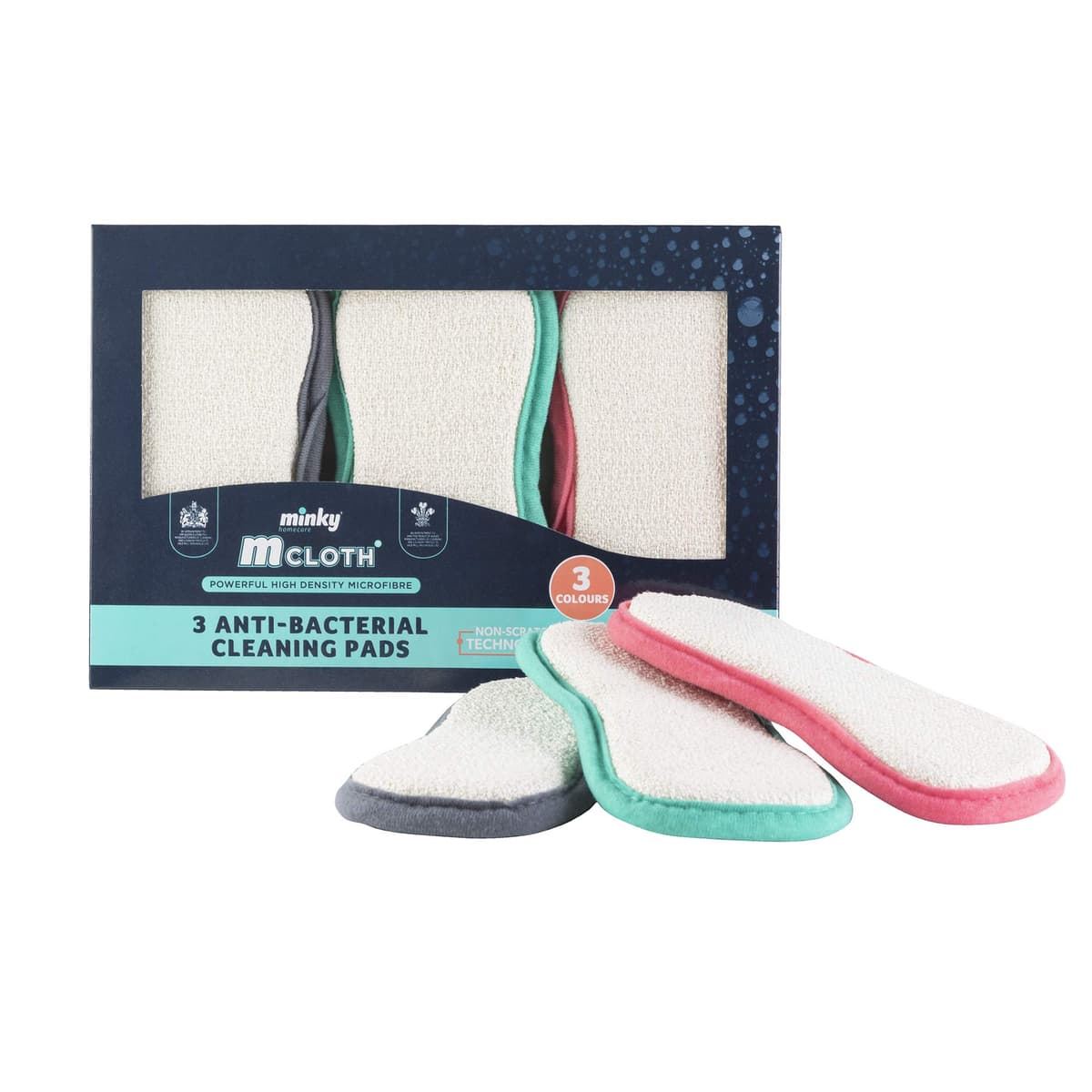 Minky M Cloth '3 Pack' - Anti-bacterial Cleaning Pad - Grey, Pink, Green