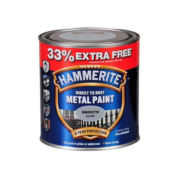 Hammerite Metal Paint - Smooth Silver - 750ml + 33% = 1L Tin (5158234)
