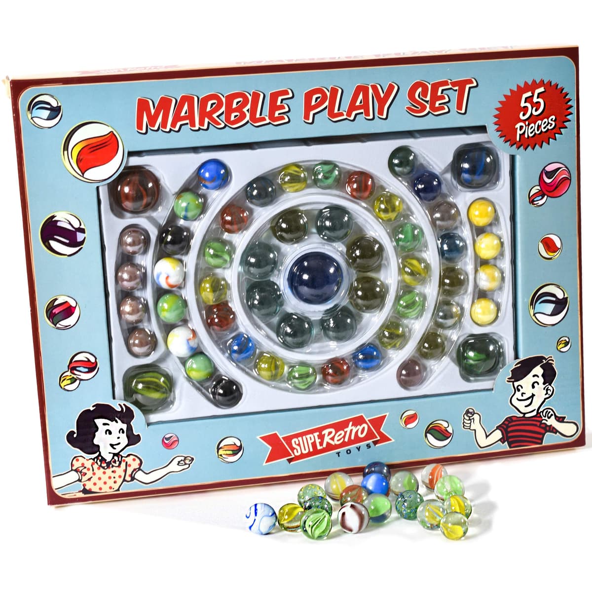 Kandy Toys 55pc Marble Playset In Colour Window   Box Retro