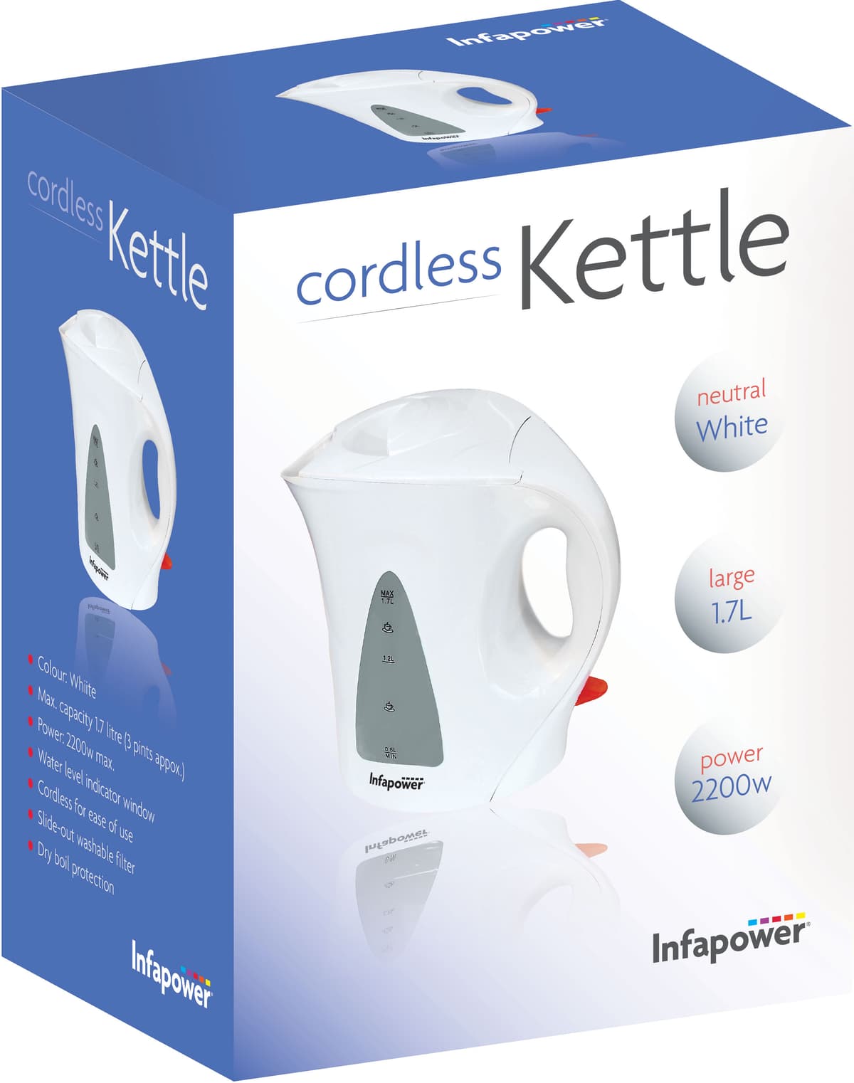 Infapower 2200w 1.7l cordless kettle white (X501)
