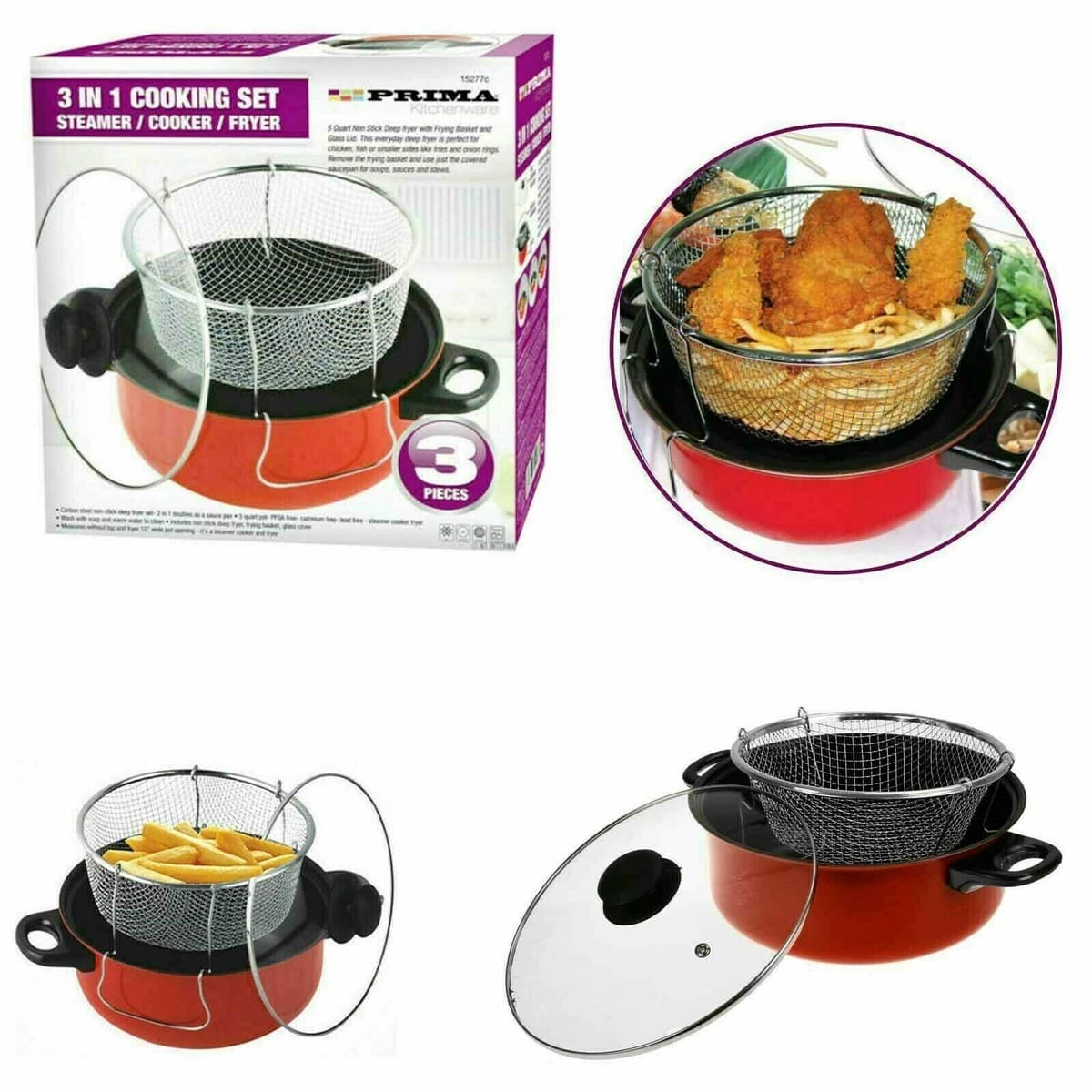 Prima 3 In 1 N/s Cooking Set Steamer/cooker/fryer