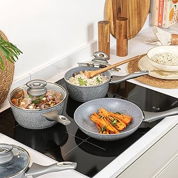 Tri Star Premium Marble Coated 16cm, 18cm and 20cm Non Stick Saucepan Set With Glass Lids image