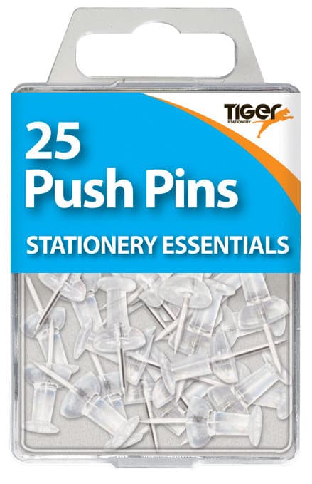 Tiger Essentials 25 Push Pins Clear