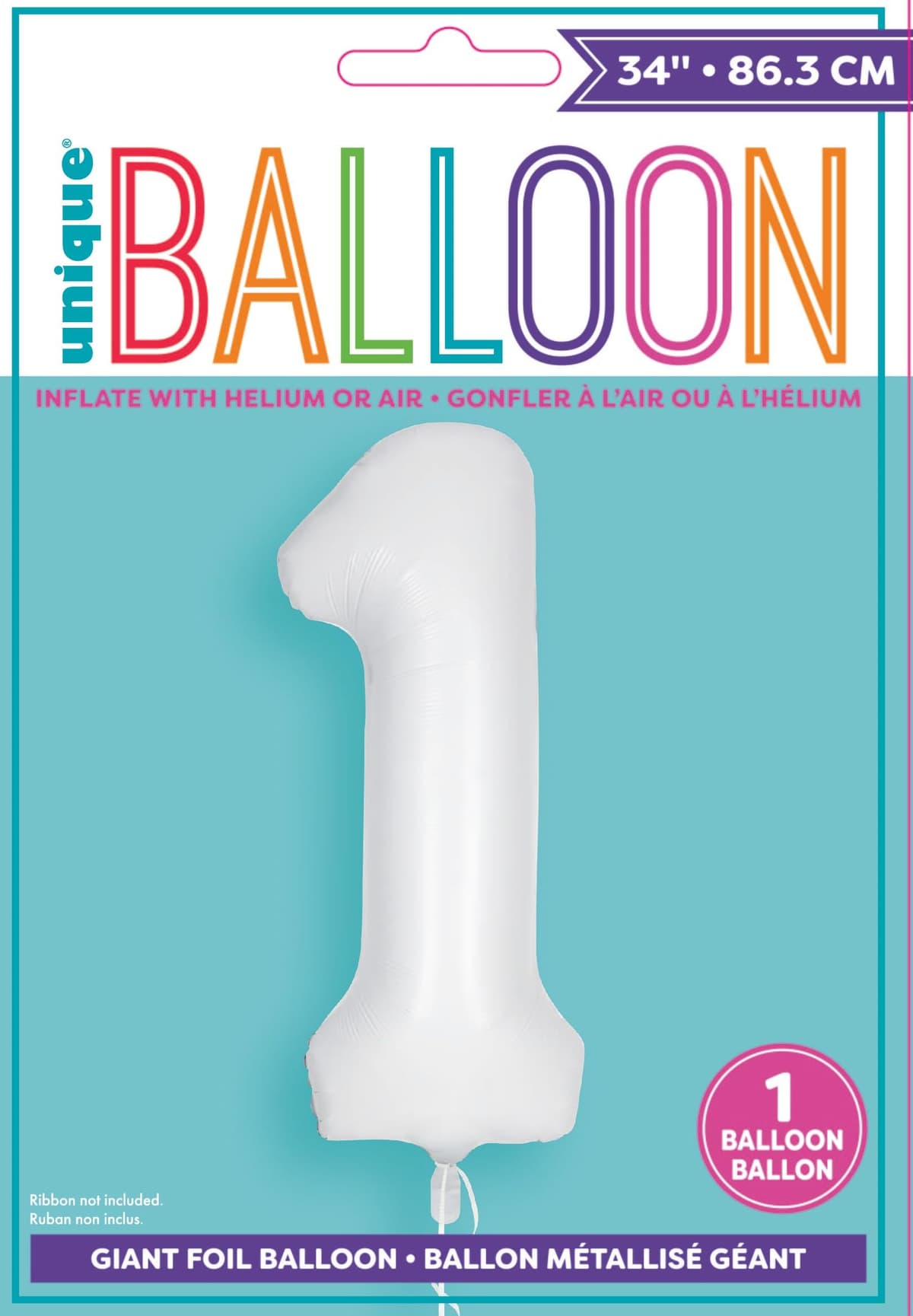 Unique Party Unique Matte White Number 1 Shaped Foil Balloon 34  Packaged"