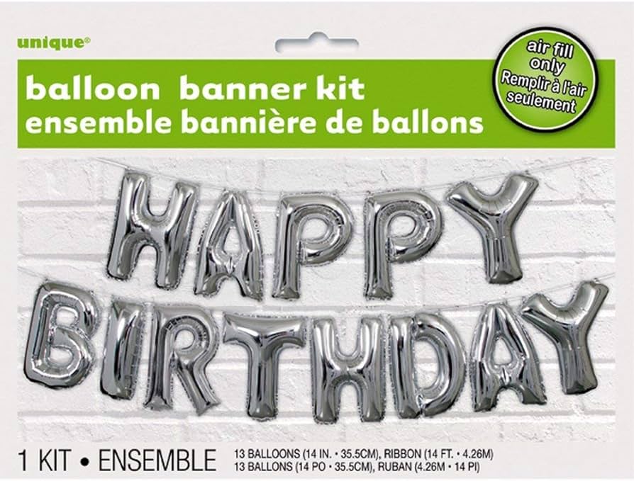 Unique Party Unique Silver Happy Birthday Foil Letter Balloon Banner Kit  14",12" image