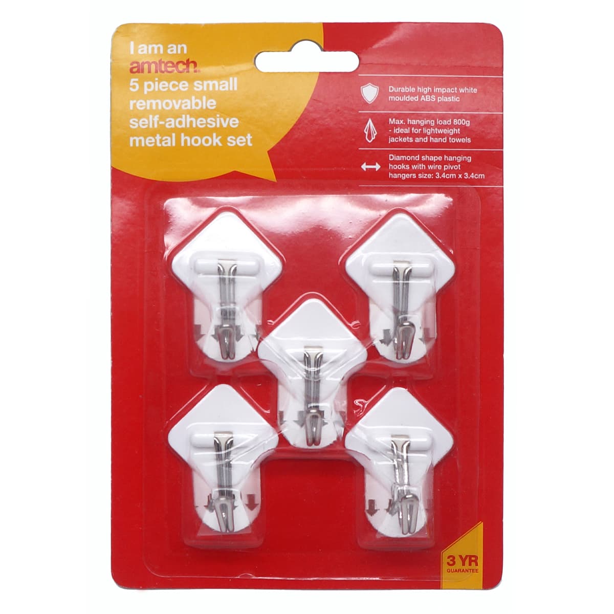 Am-Tech 5PC Small Removable Self Adhesive Metal Hook Set