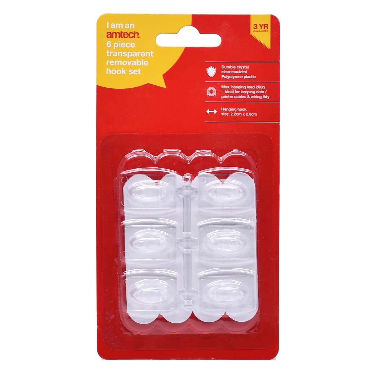 Am-Tech  6Pc Transparent Removable Self Adhesive  Hook Set