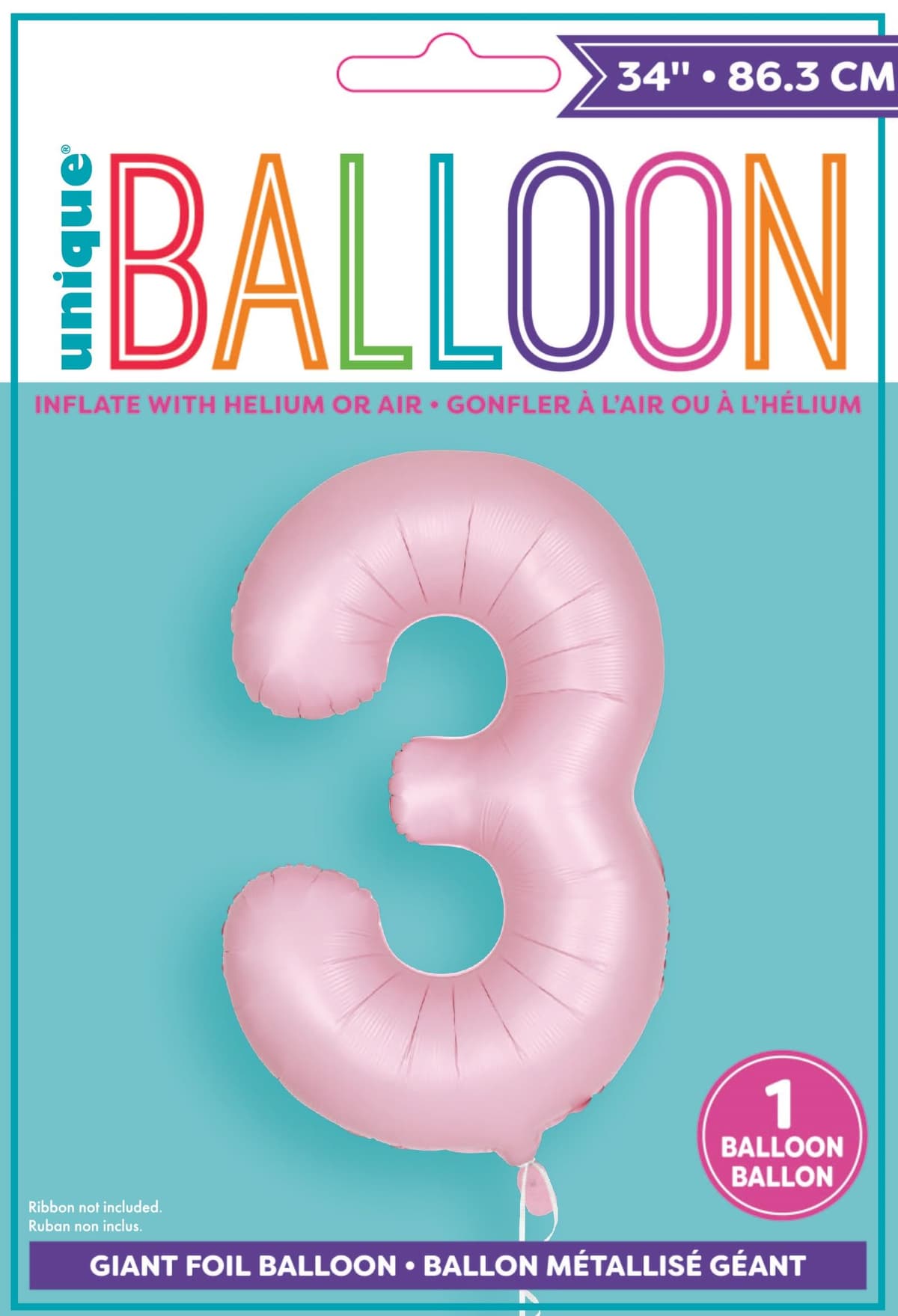 Unique Party Unique Matte Lovely Pink Number 3 Shaped Foil Balloon 34 Packaged"