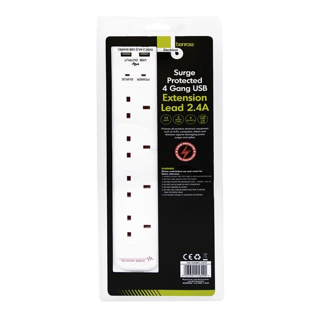 BENROSS 4 WAY 2M SURGE PROTECTED EXT LEAD WITH 2 USB