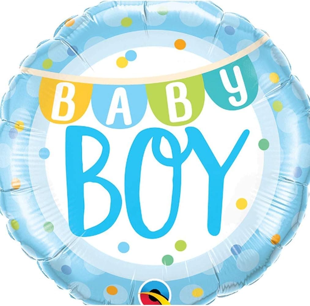 Qualatex 18" ROUND QX FOIL PRINT 001CT Baby Boy Banner & Dots  Balloon