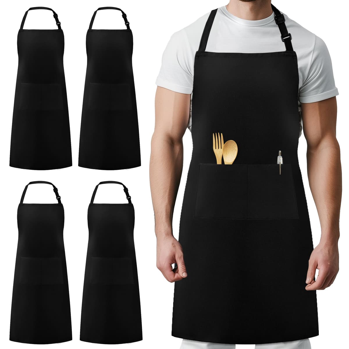 Pro Chef Design 100% Cotton Aprons with Adjustable Neck Strap - Black