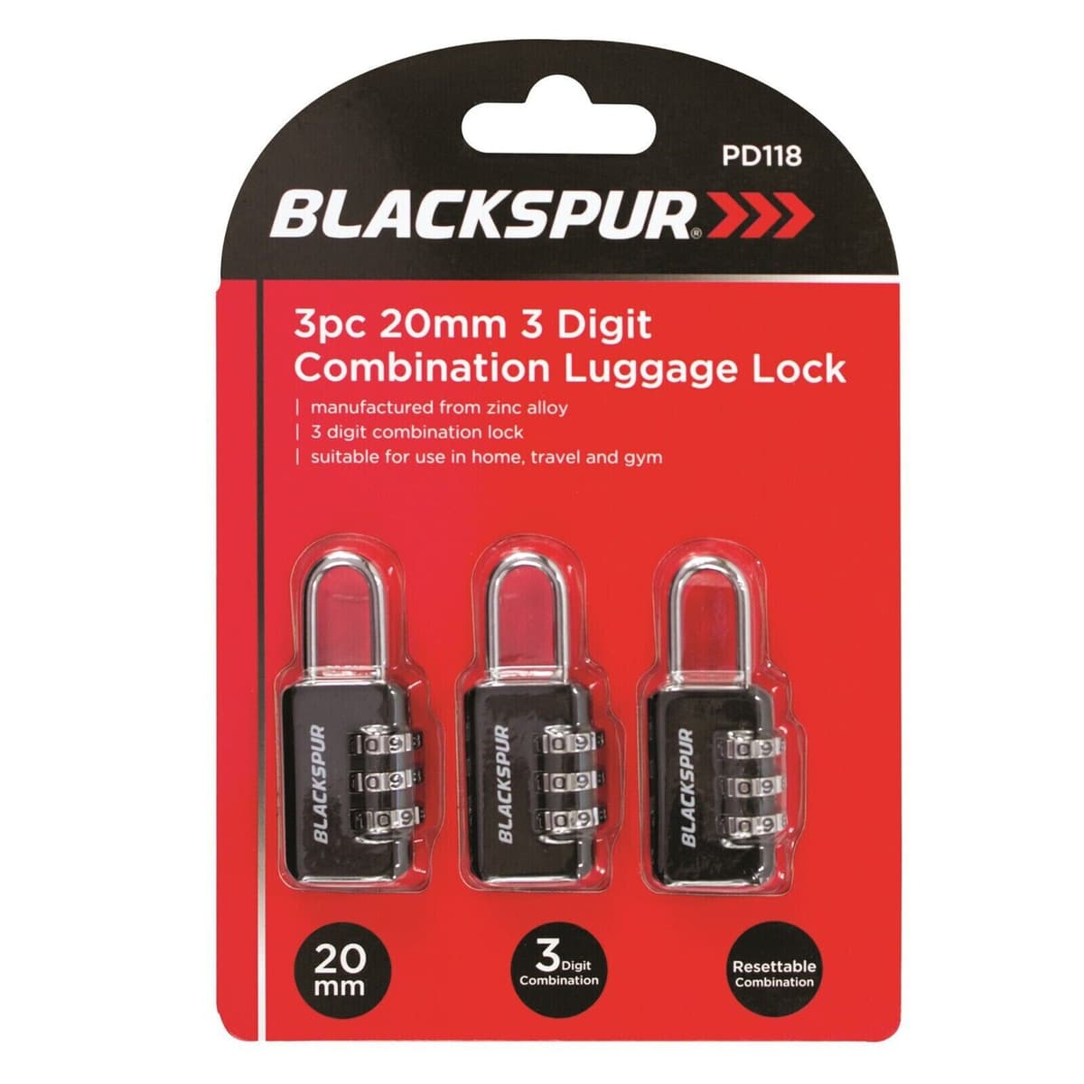 Blackspur  3PC 20MM 3 DIGIT COMBINATION LUGGAGE LOCKS