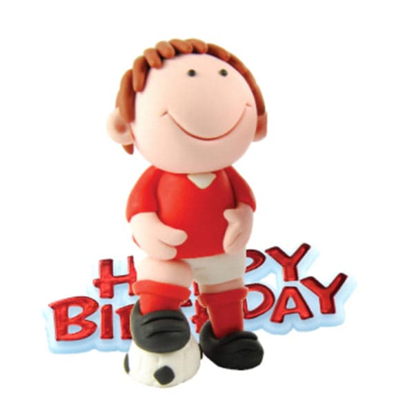 RED FOOTBALLER RESIN CAKE TOPPERS & RED HAPPY BDAY MOTTO 