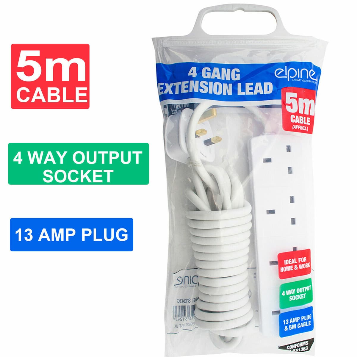 Extension Lead 4Way 13Amp (250V AC) 
(5 Meter appox.) 