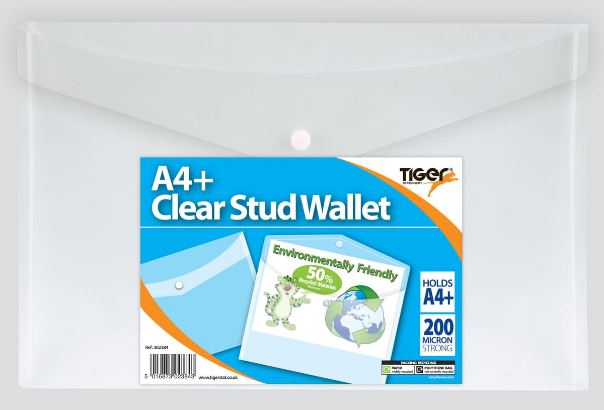 Tiger A4+ stud wallet clear only  50% Recycled 