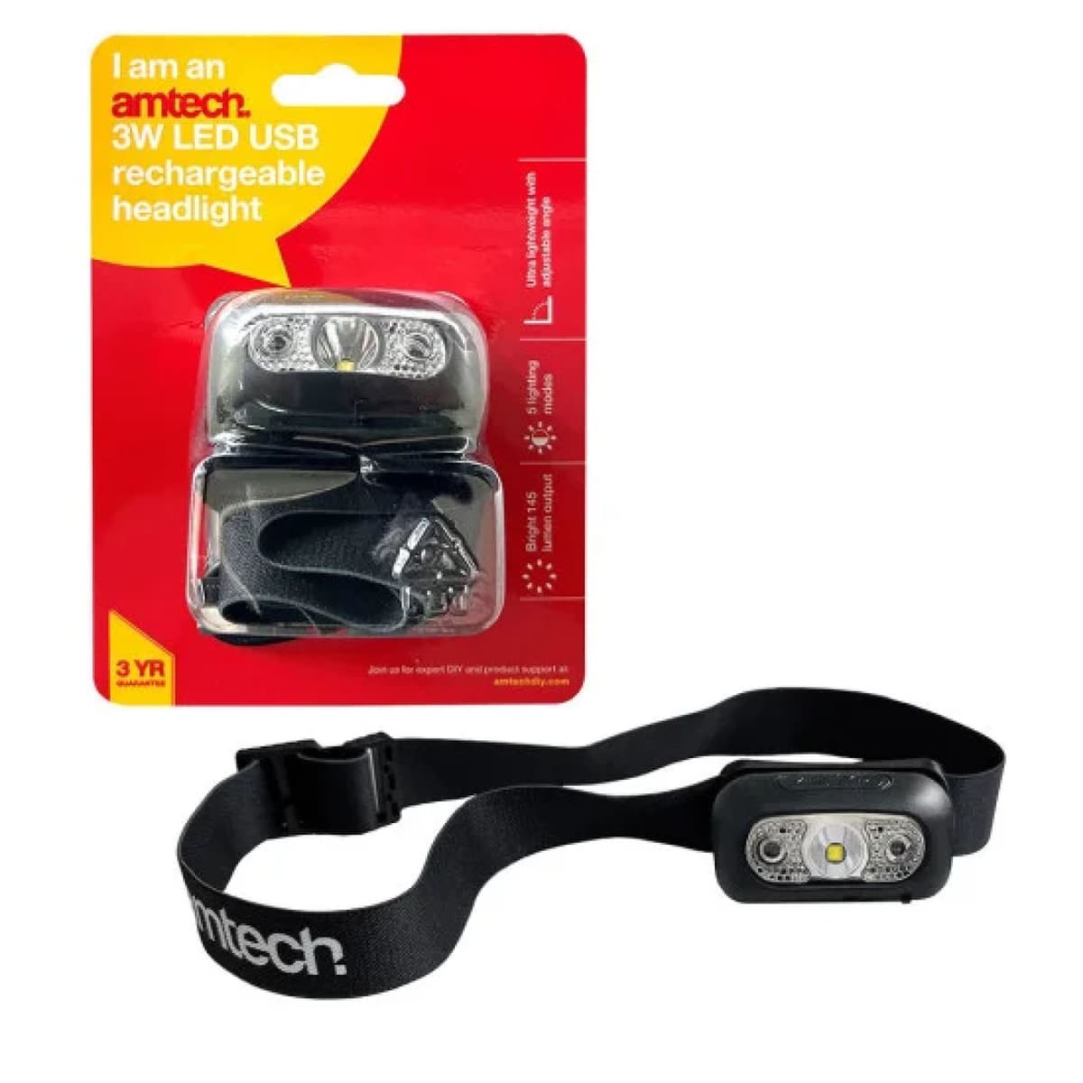 Amtech 3W LED USB rechargeable headlight