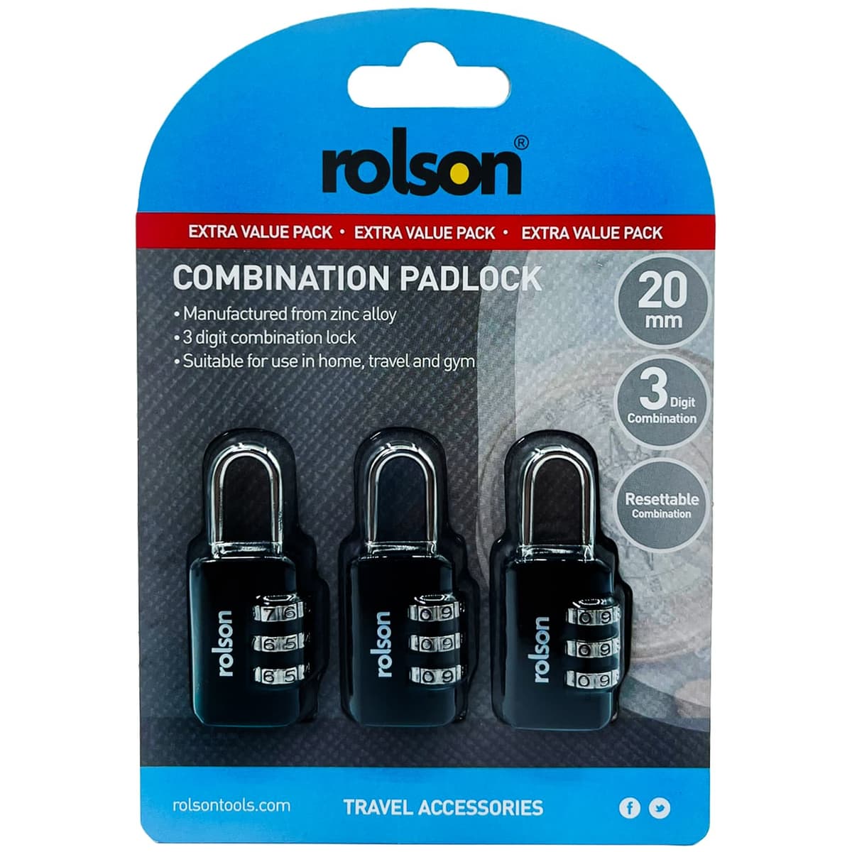 Rolson 3pc 20mm Combination Padlock