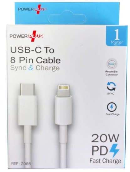 Powerplus Type C to 8 pin data cable 20w 1metre
