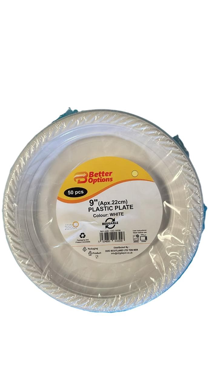 Better Options 9" Plastic White Plate 50pcs