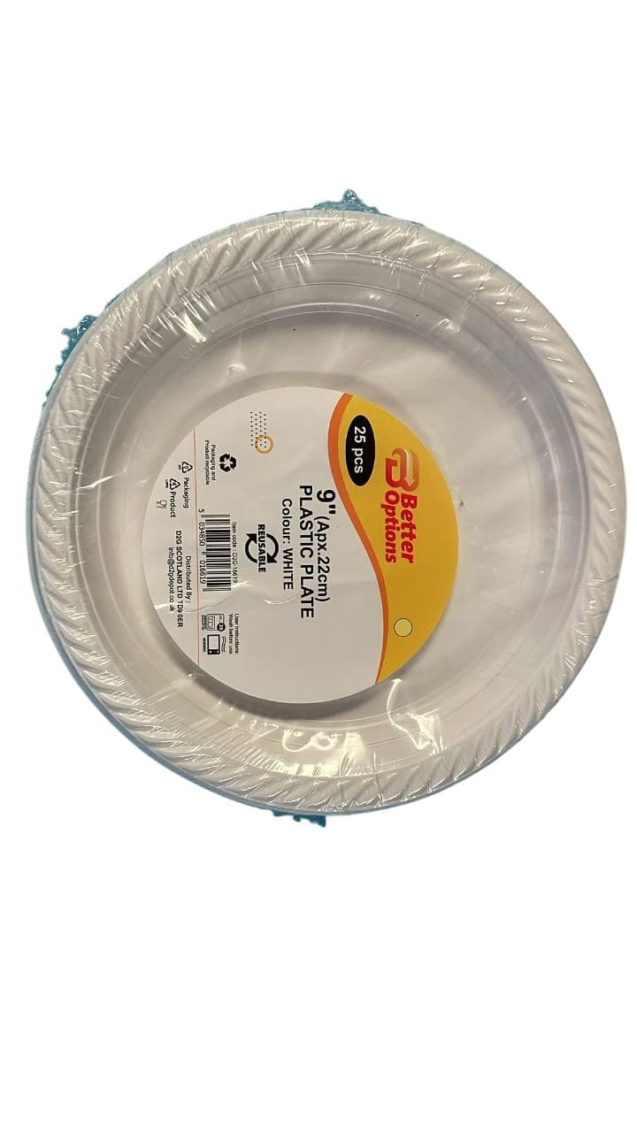 Better Options 9" Plastic White Plate 25pcs
