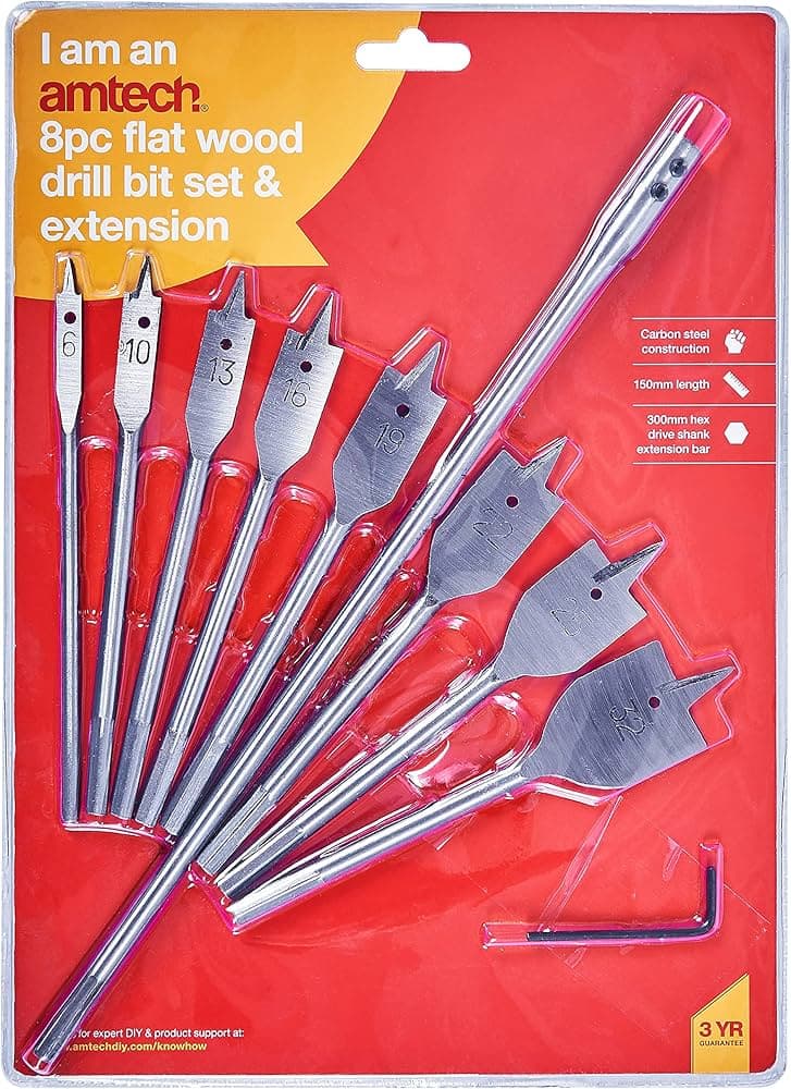 Am-Tech 8pc Flat Wood Bit Set + 12" Extension F1435