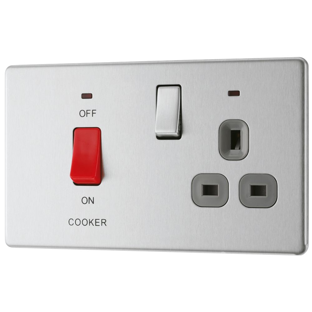 Red/Grey Flat Brushed Satin Stainless Steel  45A Cooker Swith & 13A Soc SS49W image