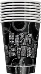 Unique Party 8 9oz Black Bday Gltz Prsm Cup