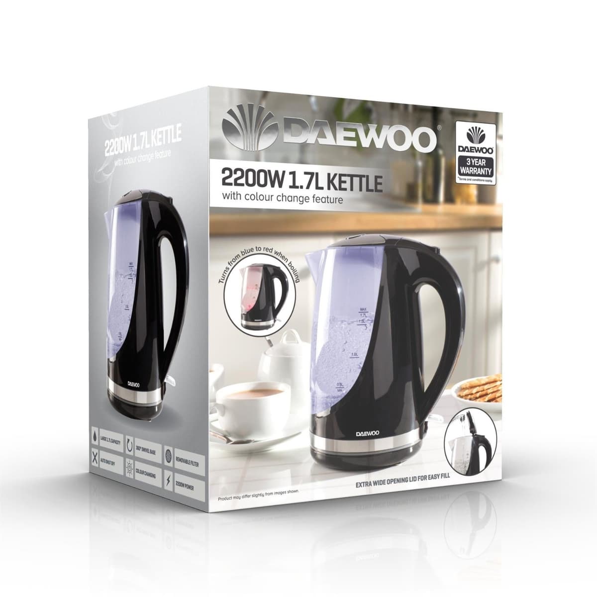 Daewoo 1.7L Colour Changing Kettle - Black
