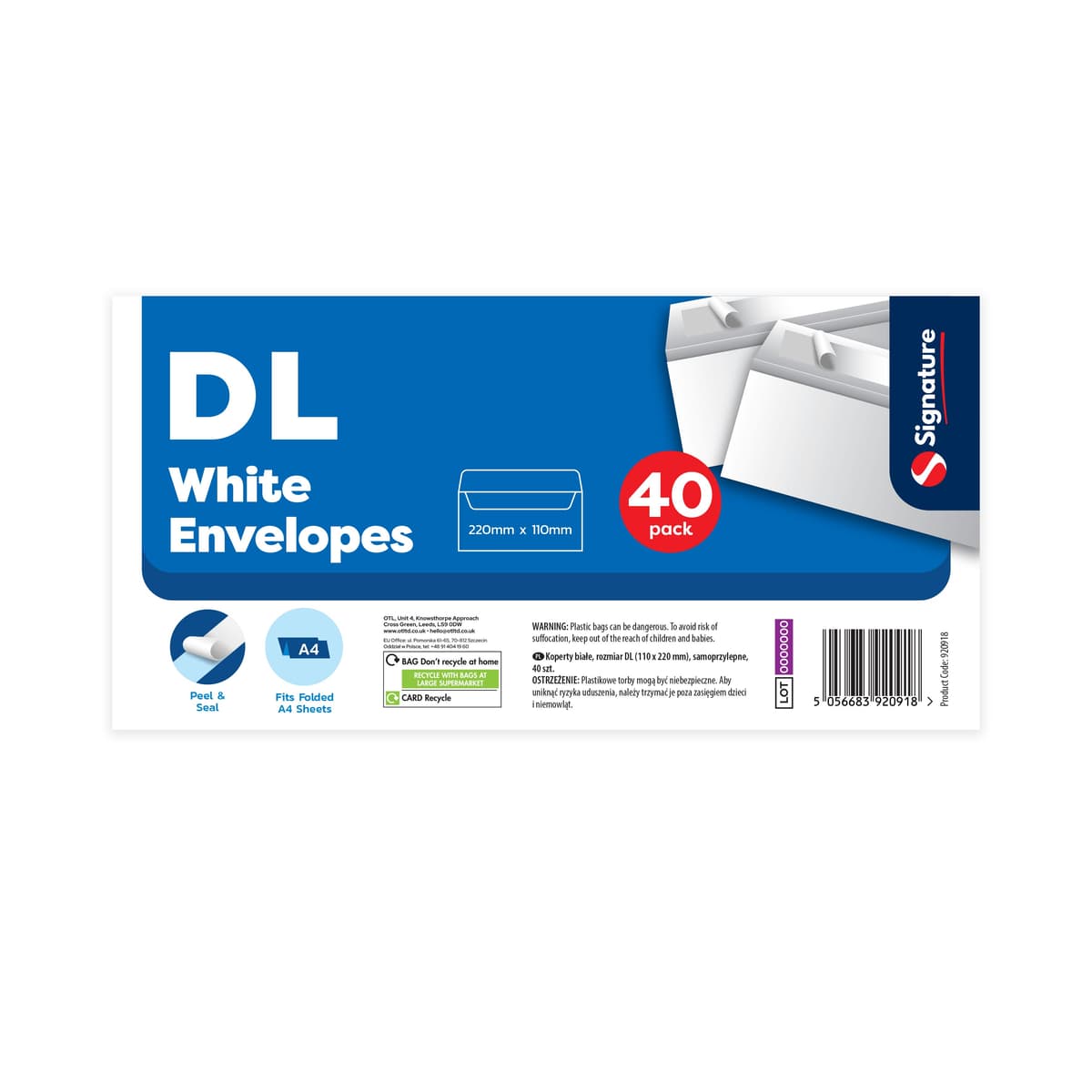 OTL DL size white envelopes peel and seal 40pk