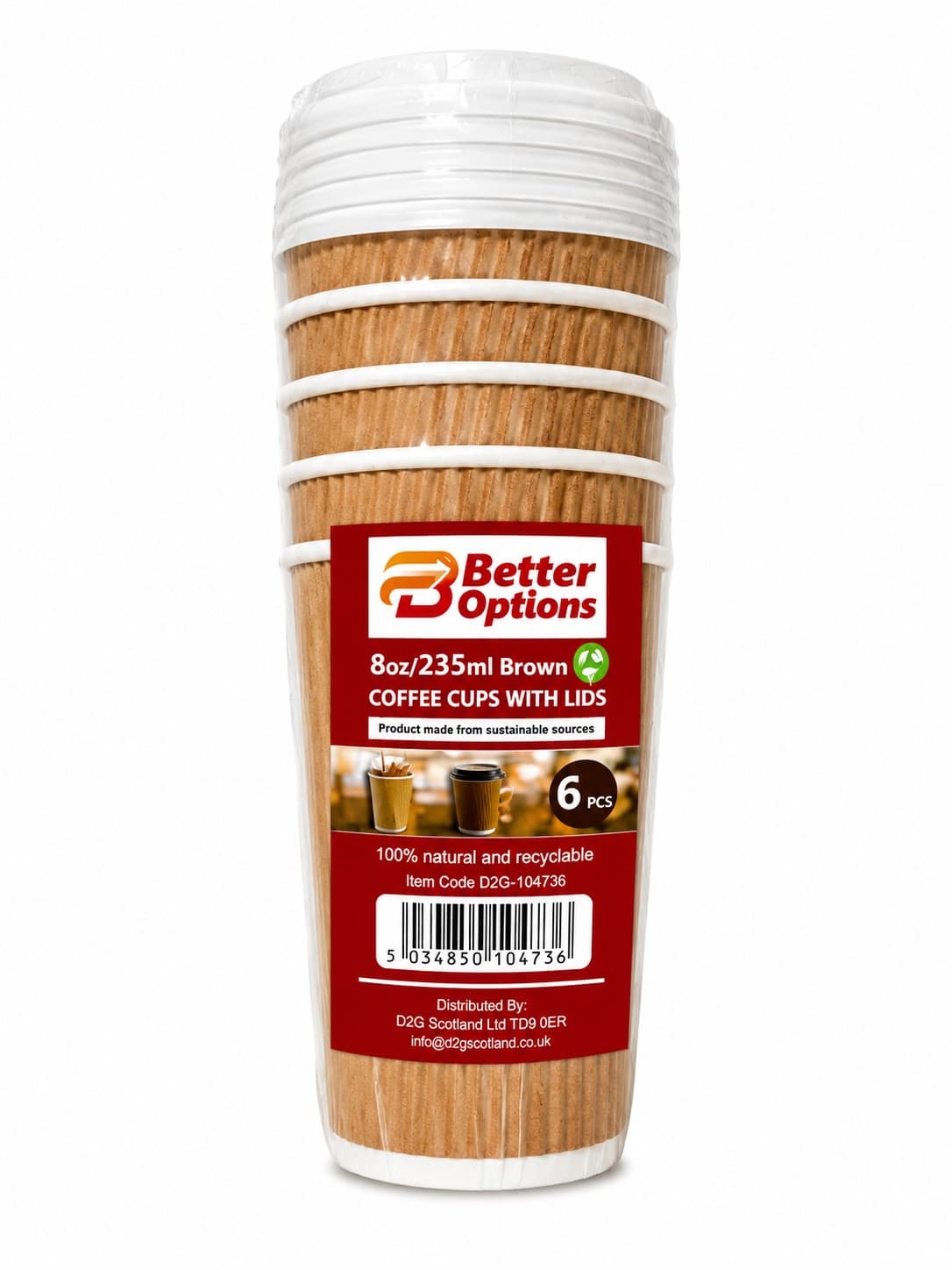 Better Options 6Pc 8oz/235ml Brown Coffee Cups With Lids